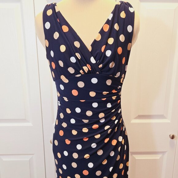 Navy Polka Dot American Living V-Neck Dress with Ruched Side Size 4 - Picture 4 of 8